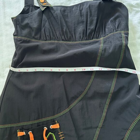 Unique black pinafore dress with orange and green stitching, ribbons & buttons - Picture 6 of 10